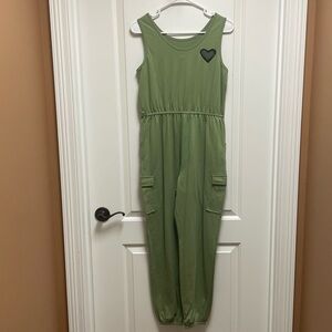 🖤 THE CUTEST Olive Green Jumpsuit Black Heart Patch Cargo Tie Waist Grunge Y2K